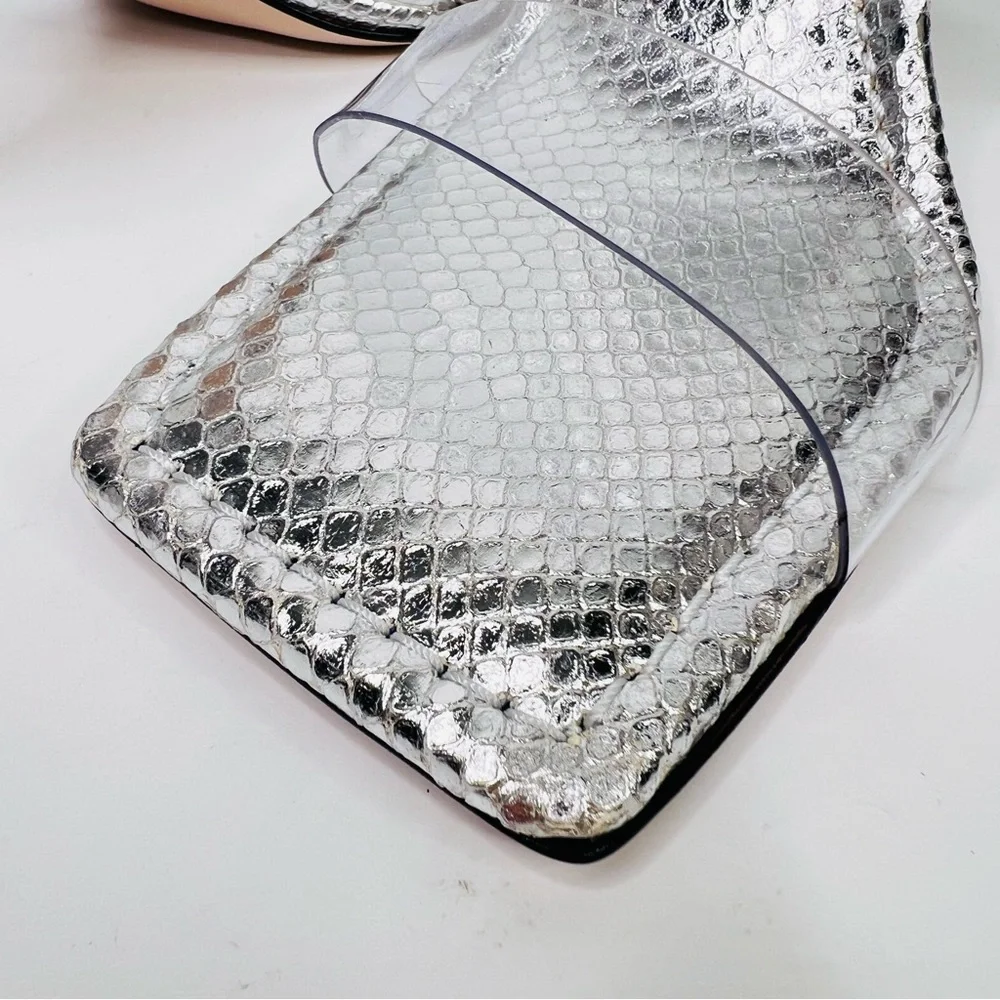 Good American Silver Snake Skin & Lucite Square Toe Slingback Stiletto Heels